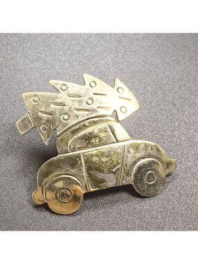 Far Fetched Textured Car Christmas Tree Brooch Sterling Silver 925 Size 1.25"